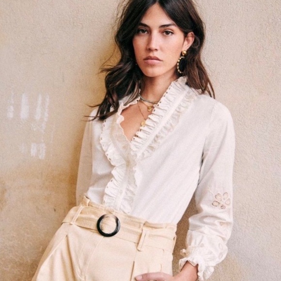 Sezane Kelly Ruffle Eyelet Blouse in Ecru, size 34 (USA 2) - Picture 12 of 16